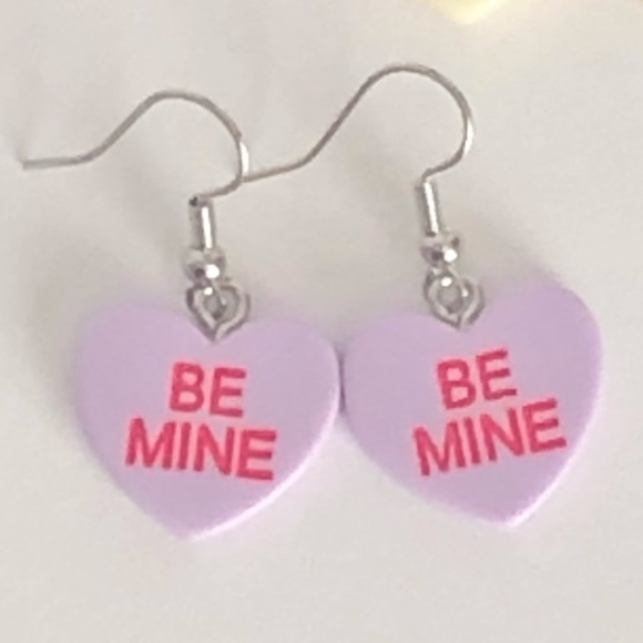 New Conversation Hearts Dangle Drop Earrings Handmade Party Purple Candy Fun - Picture 3 of 7